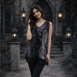 Dressbarn Sheer Ruffle Front Blouse | Gothic Romantic Top Small